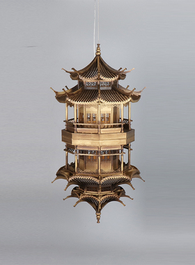 新中式镜像倒影古铜色八角塔凉亭工艺品样板房软装饰品电视柜摆件