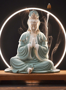 陶瓷佛像合掌观音观世音菩萨家居客厅禅意玄关灯圈木底座工艺摆件