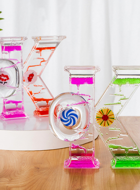 创意OK形状双彩色油滴沙漏摆件动感旋转涡轮计时器儿童节生日礼物