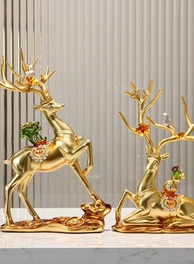 新中式祥云吉鹿发财树桌面招财摆件客厅酒柜装饰品乔迁开业礼品