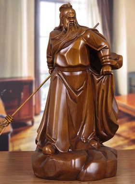 木雕招财关羽摆件武财神像新中式客厅玄关办公室商铺供奉关公摆设