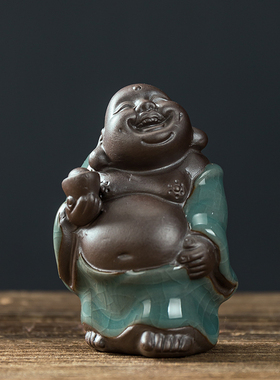 迷你型陶瓷招财弥勒佛桌面创意小摆件茶盘茶宠客厅盆景装饰摆设品