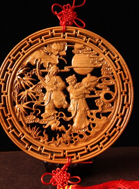 桃木和合二圣挂件中国结木雕百年好合新婚礼品卧室摆件和合荷花