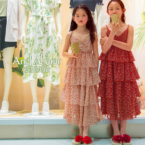 女童连衣裙2022新款雪纺长裙吊带碎花蛋糕裙中大童夏装亲子沙滩裙 - 图0