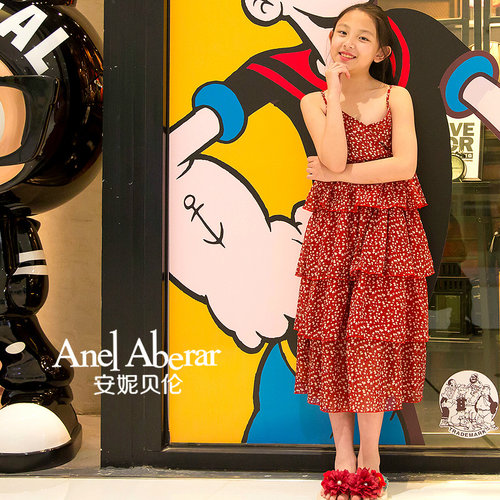 女童连衣裙2022新款雪纺长裙吊带碎花蛋糕裙中大童夏装亲子沙滩裙 - 图1