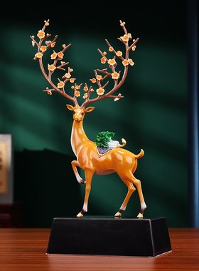 铜鹿摆件《福鹿百财》中式桌面客厅玄关装饰品办公室乔迁开业礼物
