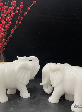 天然白玉大象摆件一对新中式家居客厅玄关酒柜办公桌面装饰品摆设