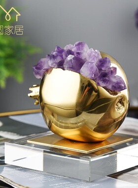 轻奢纯铜结子石榴摆件多子多福紫色水晶石新房装饰品家居铜工艺品