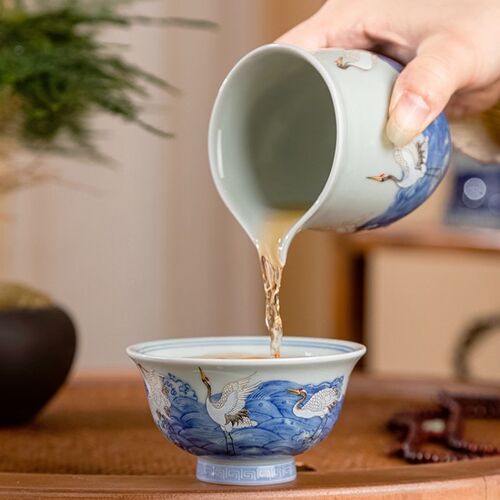 景德镇青花瓷仙鹤压手杯陶瓷手工仿古单杯个人专用主人杯高档茶杯 - 图0