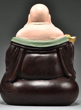 彩绘木雕弥勒佛像摆件实木家用坐笑佛客厅玄关装饰工艺品乔迁送礼