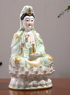 陶瓷观音菩萨佛像南海观世音菩萨神像家用白玉坐莲观音工艺品摆件
