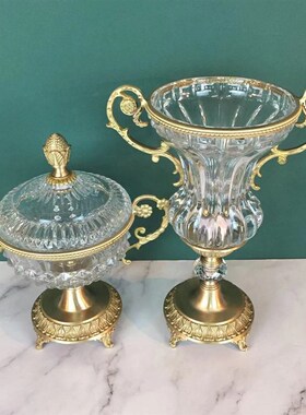 包邮纯铜配水晶花瓶果盘欧式美式法式小奢华小清新糖果盒家居摆件