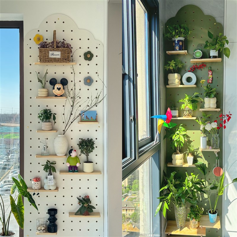 Perforated board storage rack custom solid wood wall flower rack balcony space utilization artifact succulent green plant storage rack