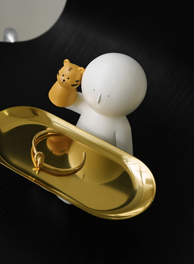 栀美家 光头小人手偶小老虎收纳托盘 进门玄关钥匙置物盘装饰摆件