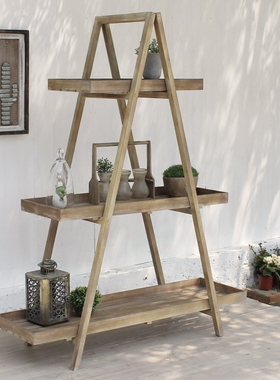 美式田园复古怀旧实木展架花架书架隔板置物架博古架阶梯陈列架