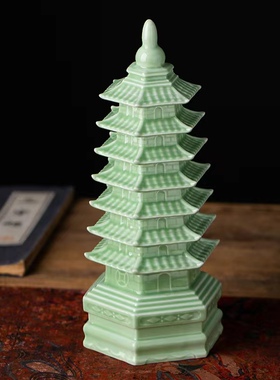 景德镇陶瓷器单色釉影青文昌塔家居客厅书房桌面装饰工艺品摆饰