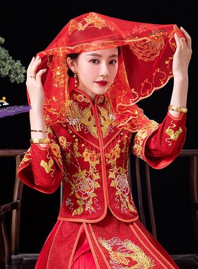 新娘红盖头结婚出嫁高级感头纱纱巾秀禾服汉服中式婚礼古风蒙头巾