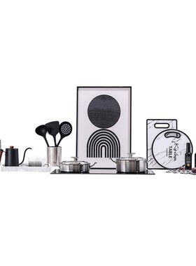 轻奢样板间橱房组合饰品摆件不锈钢锅具储物罐厨具砧板道具软装