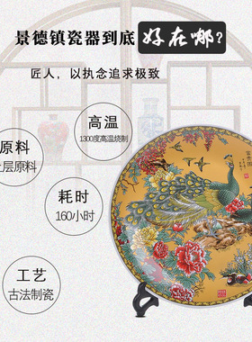 景德镇陶瓷器粉彩孔雀装饰坐盘子挂盘现代家饰工艺品客厅玄关摆件