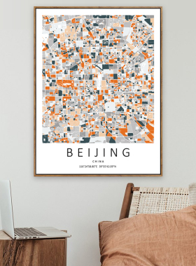 定制城市地图挂画抽象暖色块高端彩色线条北欧客厅创意小众装饰画