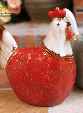 美式田园彩色鸡陶瓷釉面摆件  橱柜摆件庭院摆件