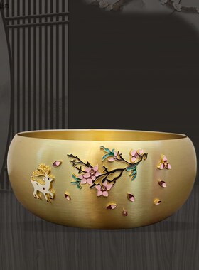 一鹿有你景泰蓝18cm手工茶道洗茶器时尚光面黄铜茶洗工艺品摆饰