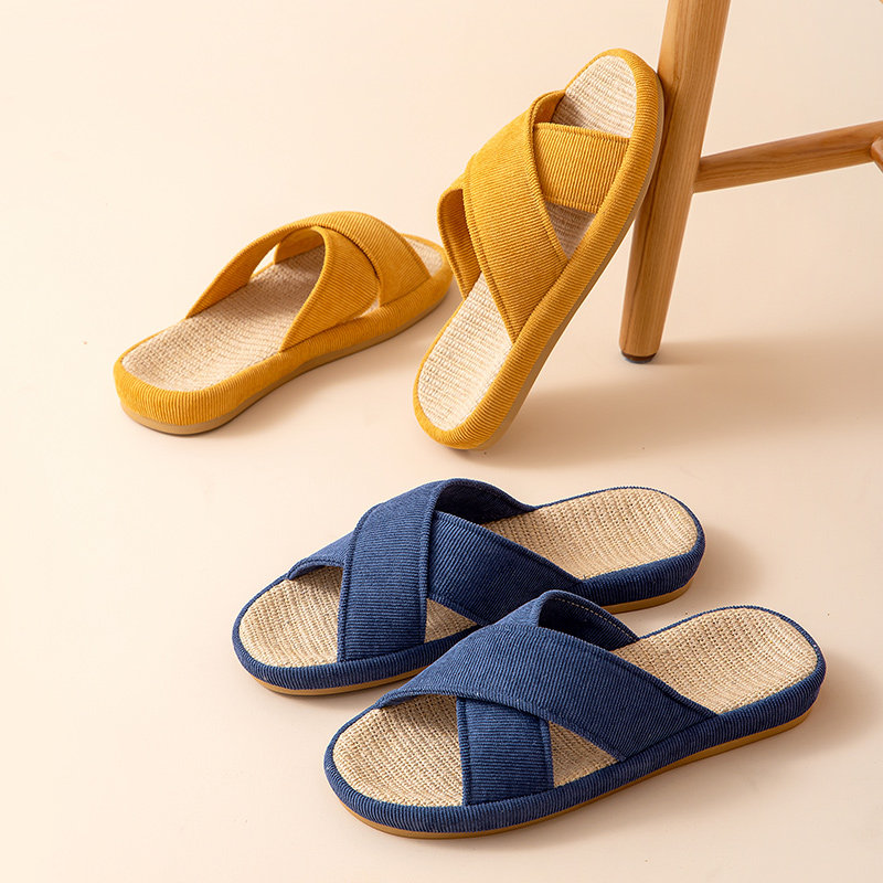 Linen slippers for women spring and autumn home couple indoor non-slip thick bottom breathable cotton and linen fabric home slippers for men summer