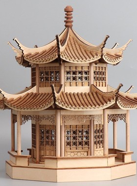 新中式木质八角凉亭古建筑摆件样版房间书房茶几隔断书柜软装饰品
