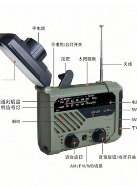 德国进口携便式太阳能应急收音机手电筒防灾多功能装备灯手摇发电