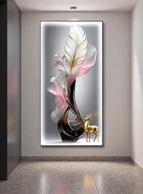 现代北欧玄关装饰画LED灯花瓶入户正对门走廊挂画新中式客厅壁画