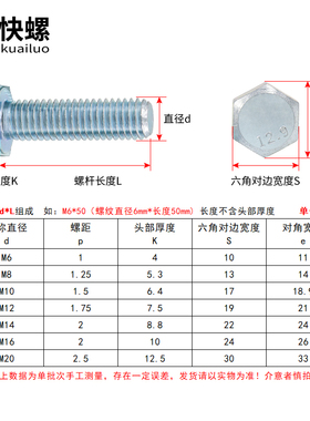 12.9级镀锌外六角螺栓M6M8M10M14M16M20蓝白锌德标全牙高强度螺丝