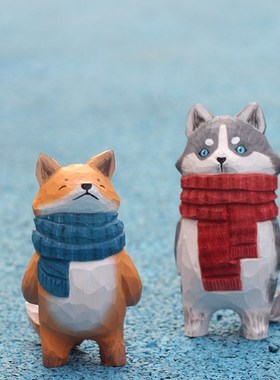 [两只单身狗]手工原木质哈士奇柴犬狗狗摆件圣诞节日礼物家居饰品