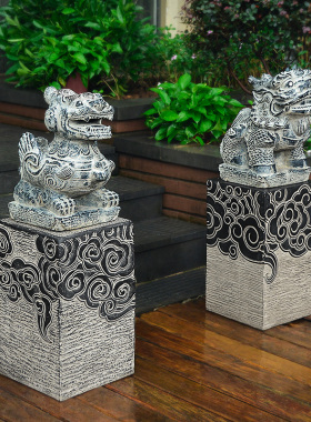 仿石麒麟门墩庭院貔貅摆件组合 手工水泥狮子镇宅底座