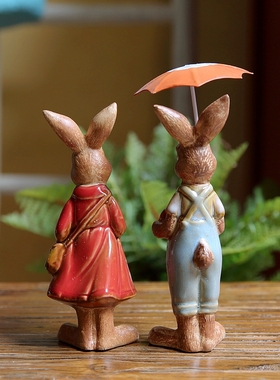 美式情侣兔子杂货花园庭院装饰桌面摆件复古乡村童话乔迁礼品