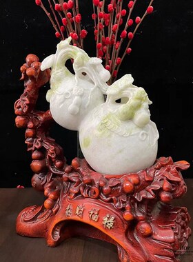 天然蓝田玉葫芦摆件新中式家居客厅办公室桌面开业装饰品乔迁送礼