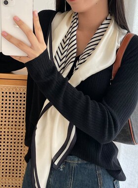 北欧简约条纹90真丝丝巾抹胸大方巾系腰女夏季桑蚕丝披肩薄款围巾