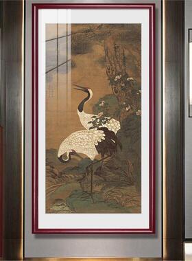 入户玄关画松鹤延年挂画新中式客厅装饰画楼梯走道壁画仙鹤寿桃图
