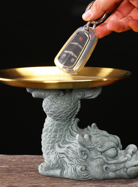 国潮风瑞兽麒麟青砂石动物摆件创意客厅茶室桌面鱼缸造景装饰品