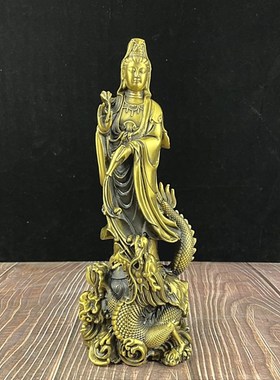 纯铜水月观音自在观音菩萨像南海站龙滴水提篮观世音家居供奉摆件