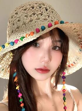 泫雅风彩珠草帽女夏季大帽簷草编渔夫帽可折叠度假海边遮阳防晒帽
