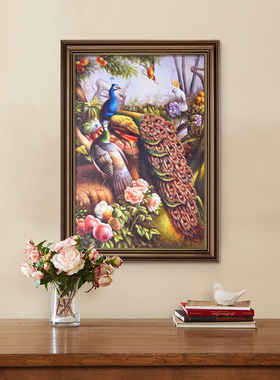 美式麋鹿入门玄关装饰画竖版聚财肌理画富贵花卉孔雀壁画客厅挂画