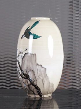 新中式创意手工彩绘山雀鸟陶瓷花瓶摆件样板房间家居餐桌花器摆设