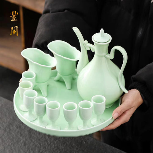 陶瓷爵杯酒具套装白酒杯家用酒壶一口杯烈酒杯复古代高脚杯小酒盅 - 图0