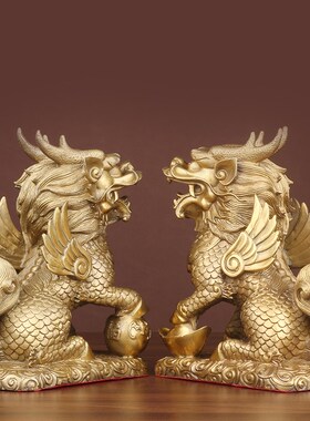 铜麒麟摆件一对纯铜麒麟踩八卦家居客厅办公室门口店铺装饰工艺品