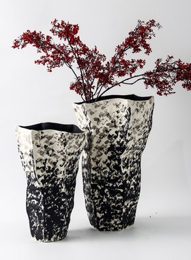 新中式侘寂风黑白手绘墨染复古陶瓷花瓶摆件样板间售楼处客厅装饰