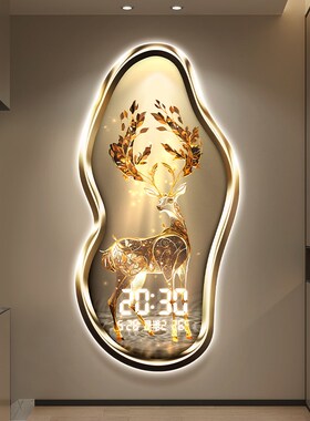 轻奢福鹿玄关万年历2024年新款智能客厅电子数显时钟表挂墙装饰画