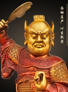 家居监斋菩萨铜像摆件彩绘面燃大士桌面工艺品斋堂紧那罗王雕塑像