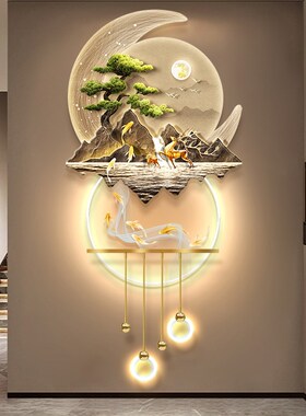 迎客松新中式玄关发光装饰画山水LED灯光挂画立体人体感应壁画灯