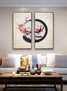 水墨梅花新中式客厅装饰画红色圆圈国画玄关中国风禅意复古挂画