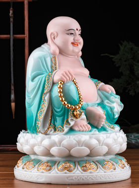 福佑林汉白玉彩绘镶金弥勒菩萨像玉雕大肚笑佛弥勒佛家居供奉摆件